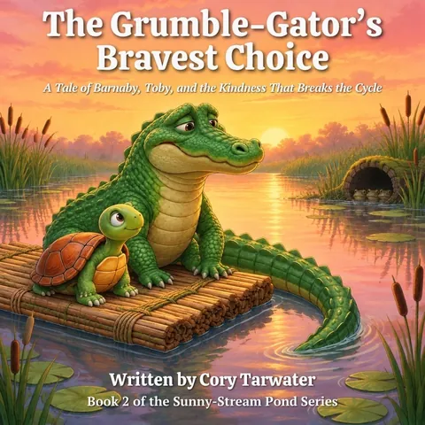 The Grumble-Gator's Bravest Choice cover — Barnaby and Toby on a raft at sunset