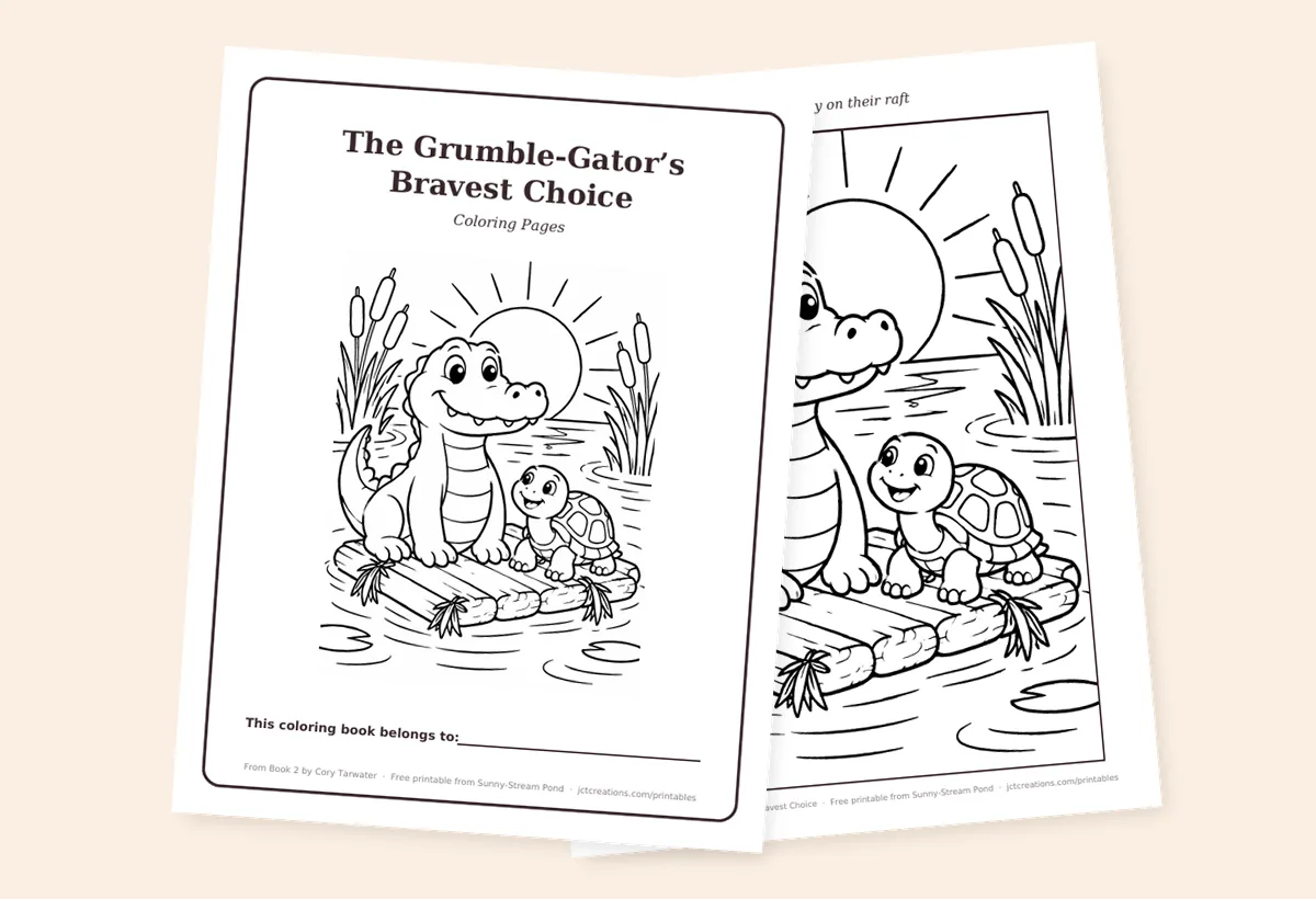 Cover of the Bravest Choice coloring pages, showing Barnaby the alligator and Toby the turtle on a raft in black-and-white line art.