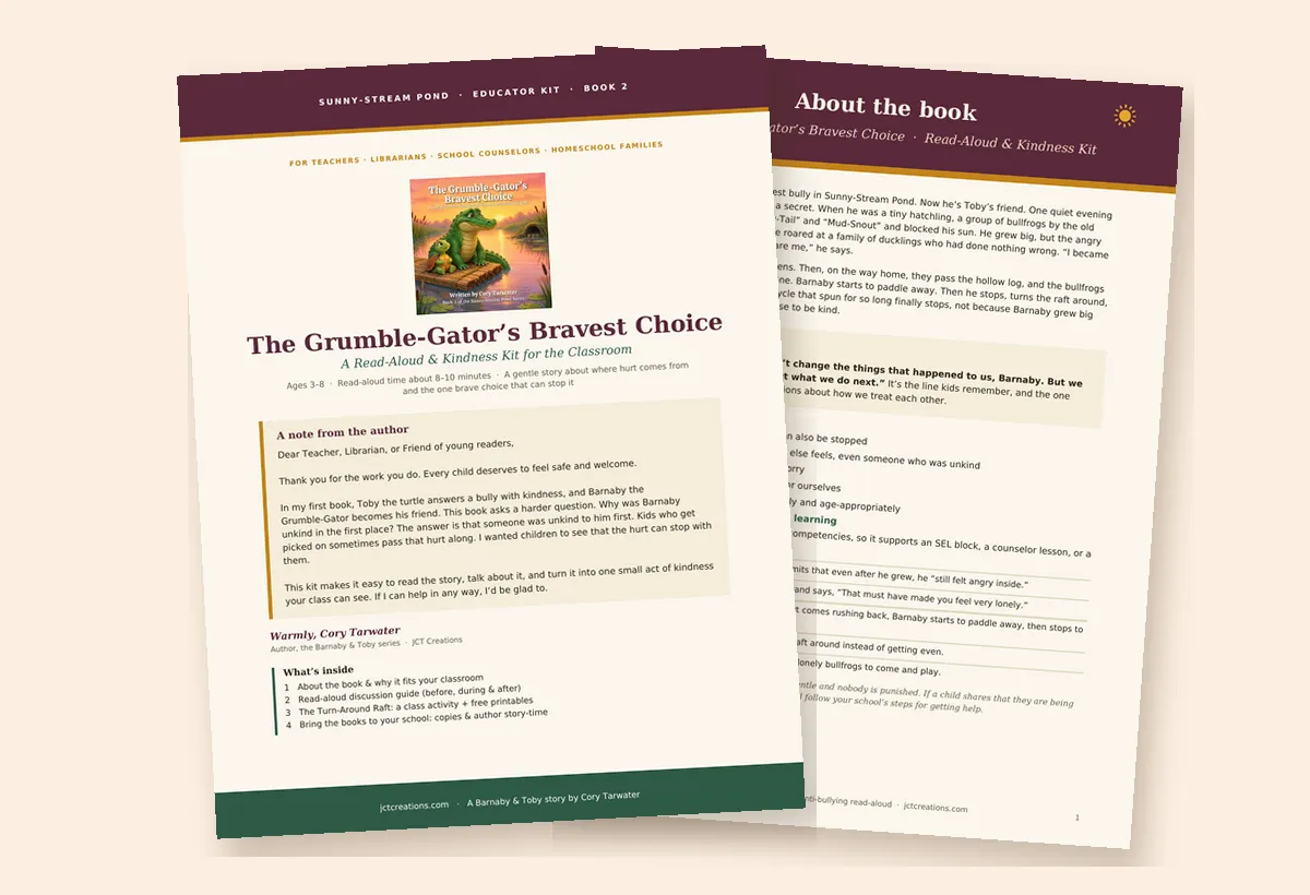 Cover of the free Educator Kit for The Grumble-Gator&rsquo;s Bravest Choice, a read-aloud and kindness kit for the classroom.