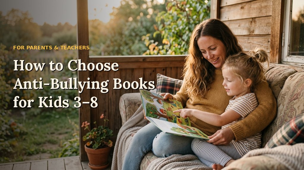 A parent and child reading a picture book together in golden evening light, with the title How to Choose Anti-Bullying Books for Kids 3 to 8.
