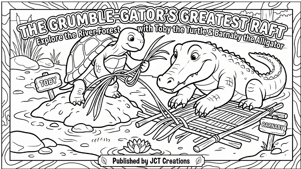 Cover of the Sunny-Stream Pond coloring book, showing Toby the turtle and Barnaby the gator in black-and-white line art, ready to color.
