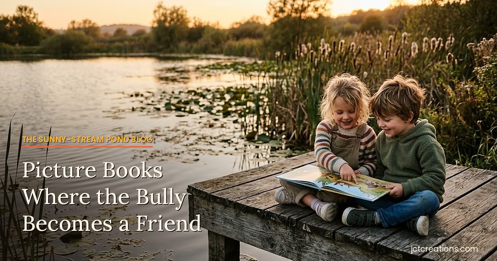 Two children reading a picture book together on a dock at a sunset pond, with the title Picture Books Where the Bully Becomes a Friend.