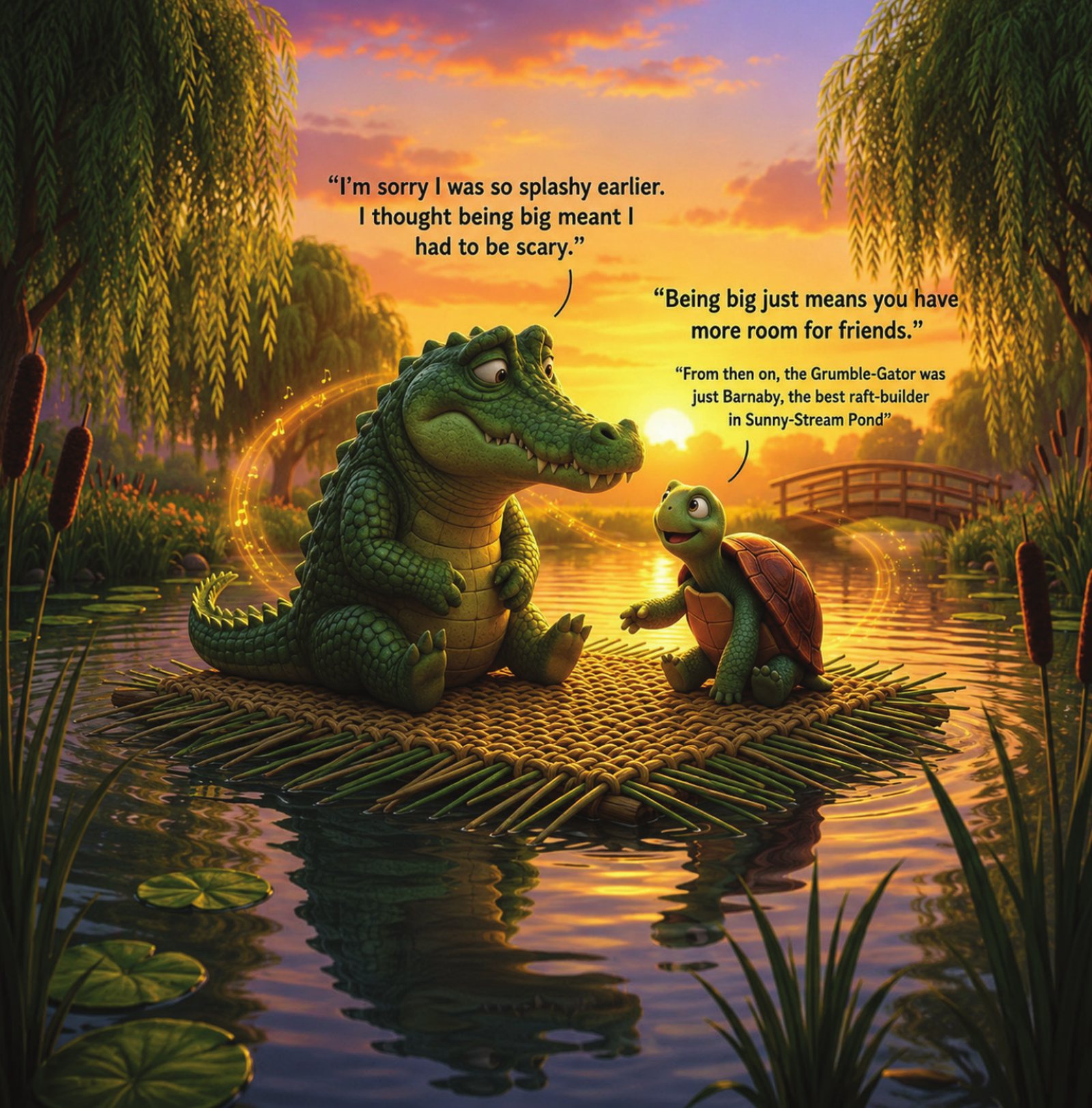 Toby the turtle and Barnaby the gator drifting home on their finished reed raft at sunset.