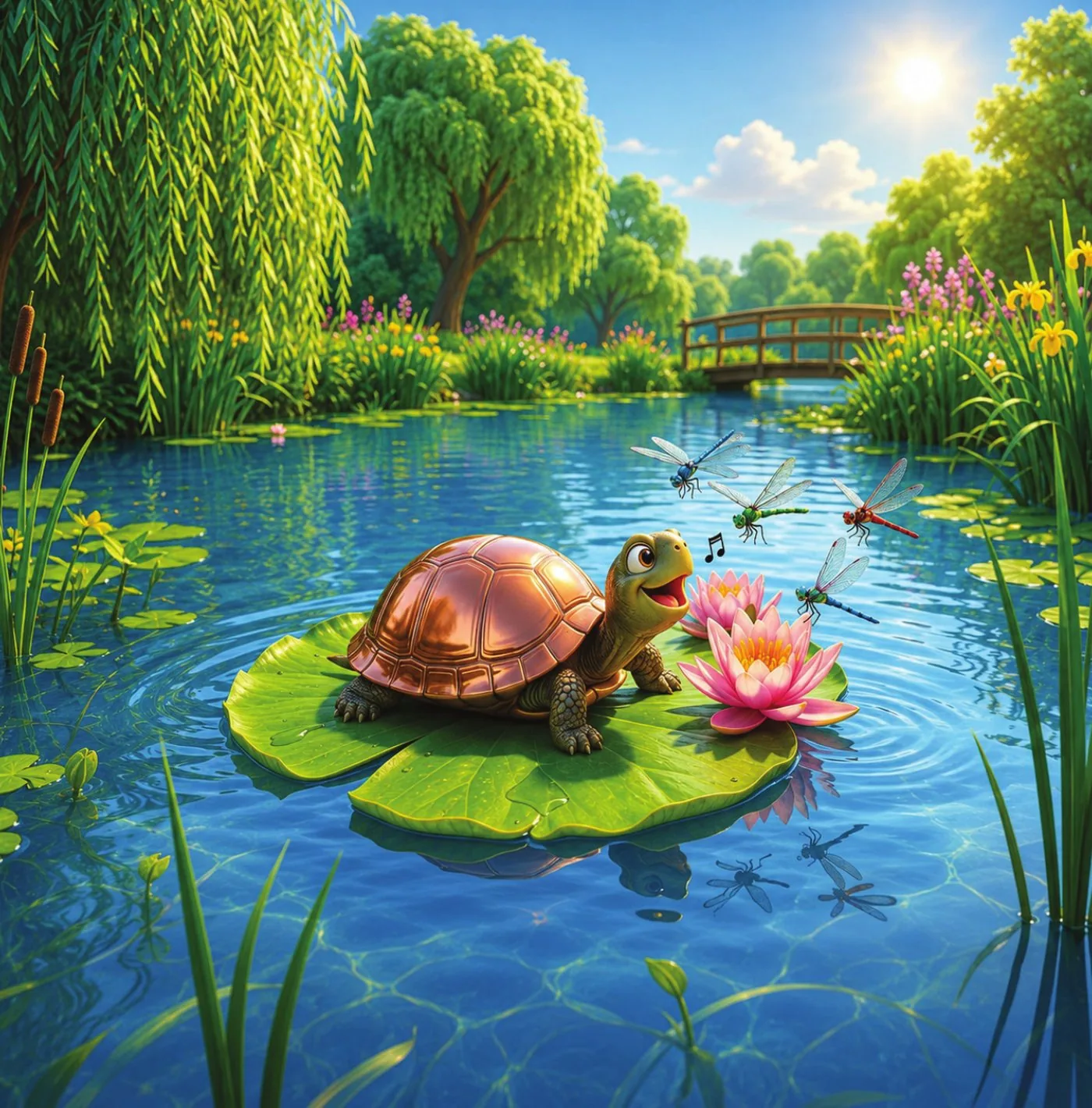 Toby the turtle whistles to dragonflies from a lily pad in the sunny pond.