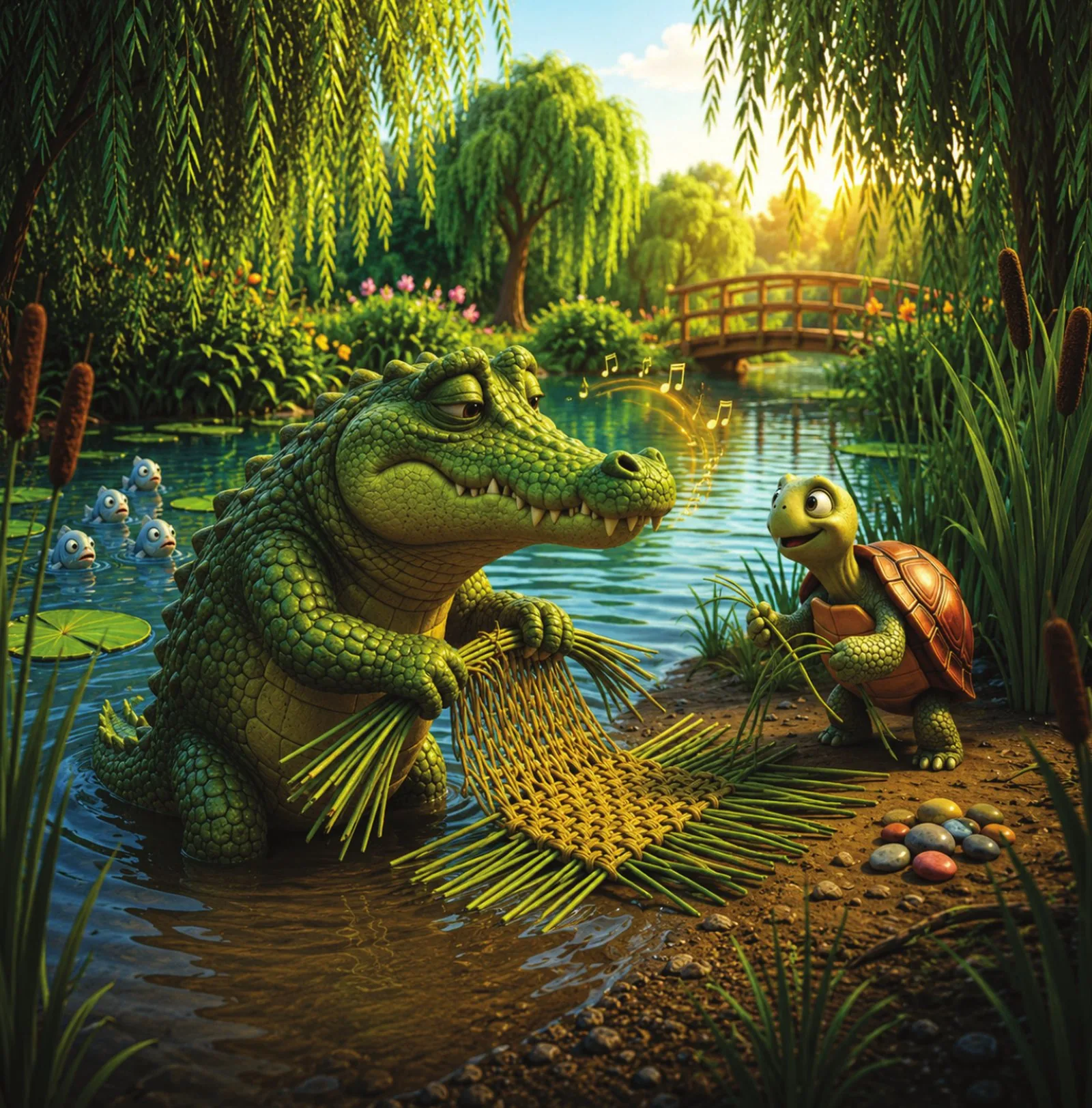 Toby and Barnaby weave reeds into a raft together at the pond's edge.