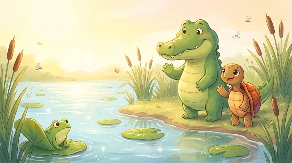 Barnaby the alligator waving hello beside Toby the turtle and a little frog friend at Sunny-Stream Pond.