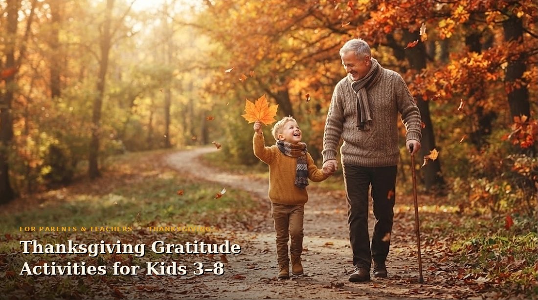 A grandfather and a young boy holding a bright orange maple leaf walk hand in hand down a leafy autumn path, with the title Thanksgiving Gratitude Activities for Kids 3 to 8.
