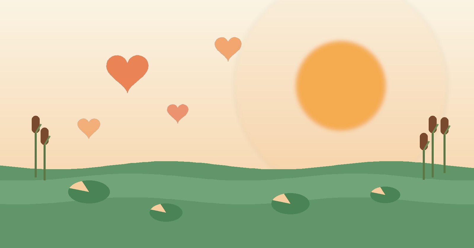 Orange kindness hearts drifting over Sunny-Stream Pond at sunset.