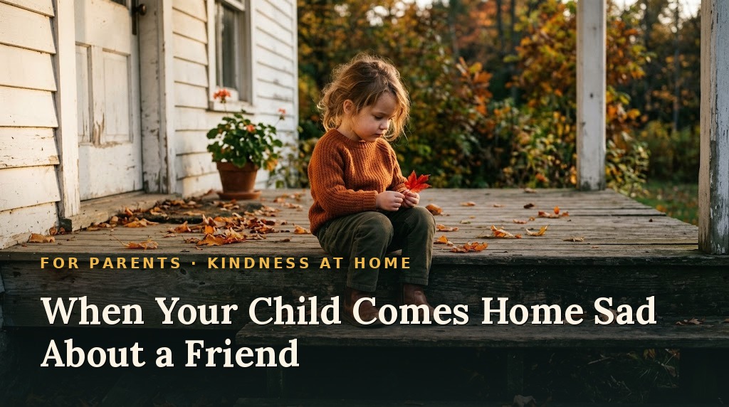 A young child in an orange sweater sits alone on a porch step in soft autumn light, beside the words When Your Child Comes Home Sad About a Friend.