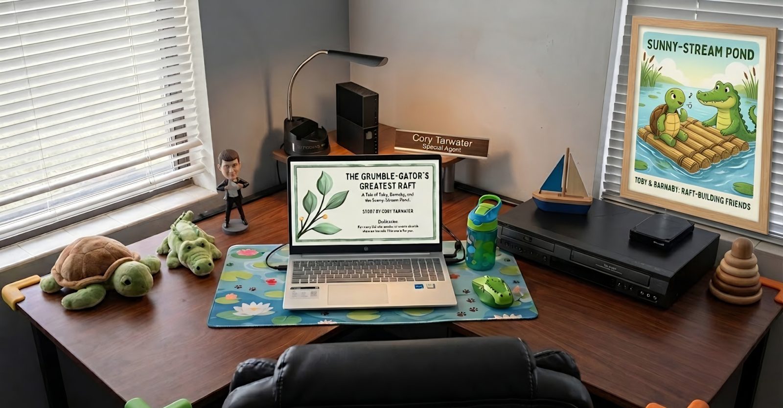 Cory Tarwater&rsquo;s writing desk with a laptop showing The Grumble-Gator&rsquo;s Greatest Raft, plush turtle and gator toys, a lily-pad desk mat, and a framed Sunny-Stream Pond poster